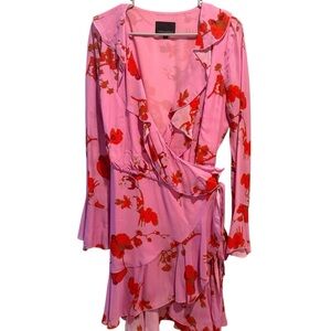 Cynthia Rowley Malibu Floral Pink Wrap Dress L Bell Sleeve Ruffle Romantic